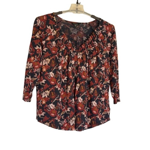 Lucky Brand Tops - Lucky Brand Women Red Navy Floral Pleated V-Neck 3/4 Sleeve Cotton Modal Top L